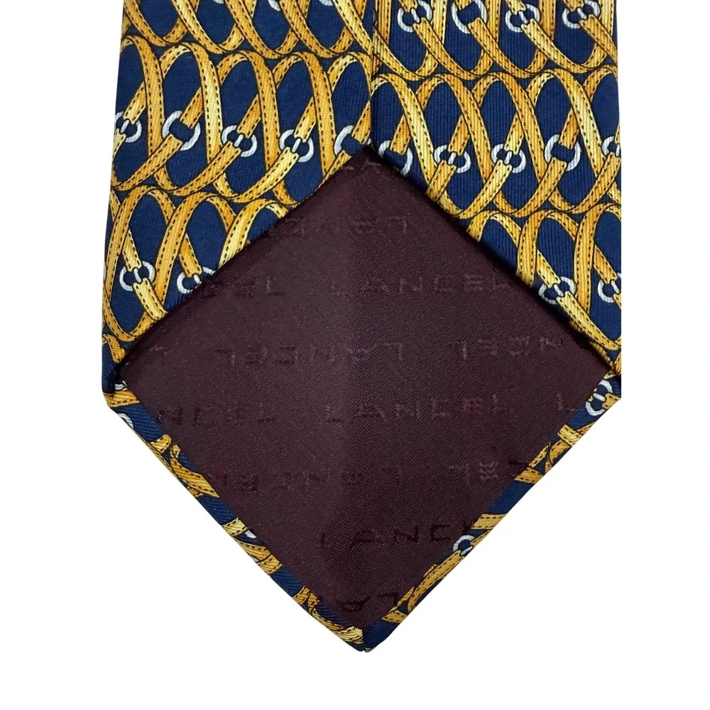 Lancel Paris Tie Mens OS Navy Gold Excellent Vintage Silk Equestrian Belt France